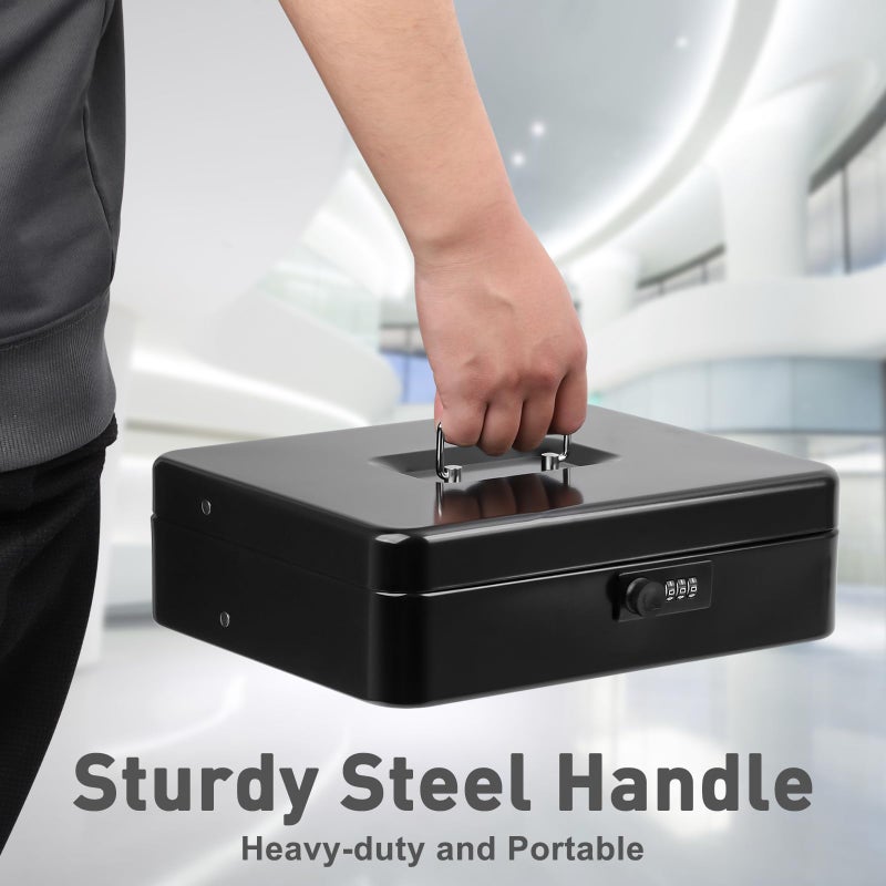 KYODOLED Metal Cash Box with Combination Lock & Spring-Loaded Bill Clips, 5-Compartment Cantilever Coin Tray, Portable Safe for Yard Sales/Craft Fairs/Small Businesses, 11.81â€x9.45â€x3.54â€, Black - Image 4